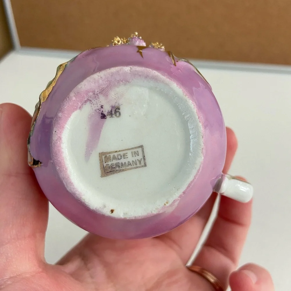 EUC Iridescent purple gold floral Germany small Forget me not Demitasse teacup‎